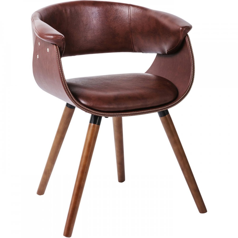 Monaco vintage bruine imitatieleer en houten fauteuil