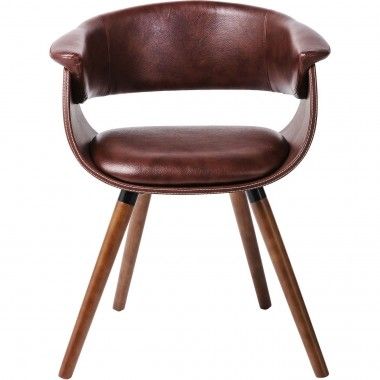 Monaco vintage bruine imitatieleer en houten fauteuil