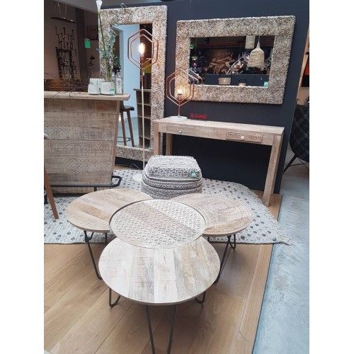 Set of 3 Puro ethnic light wood side tables