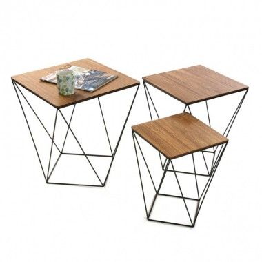 SET OF 3 SIDE TABLES WITH BLACKWIRE VERSA WOODEN TOP