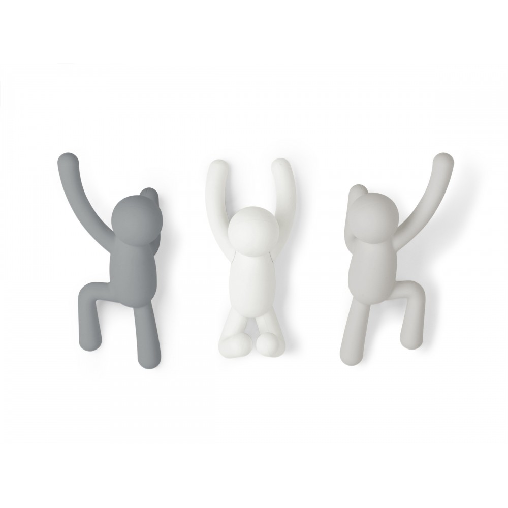 Set de 3 crochets muraux gris blanc BUDDY