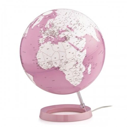 Illuminated terrestrial globe in white and coral design on coral-colored base