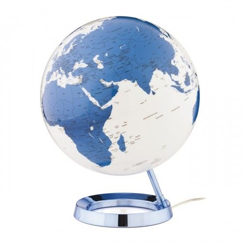 Globe terrestre lumineux design blanc bleu électrique sur socle couleur bleu