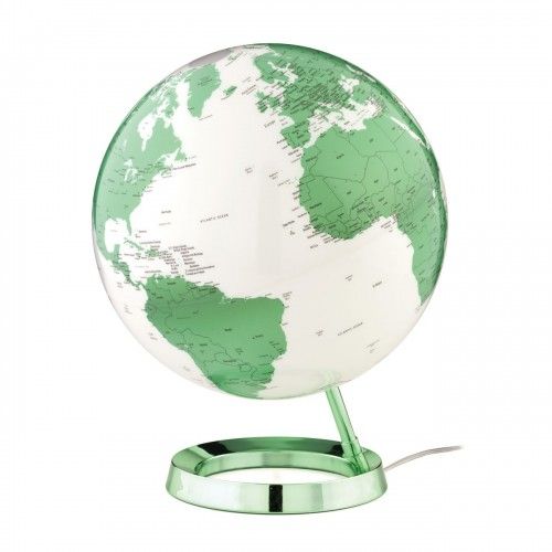 Diseño de globo terráqueo iluminado blanco verde eléctrico sobre base verde