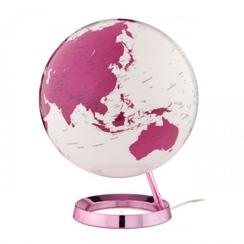 Globe terrestre lumineux design blanc rose électrique sur socle couleur rose
