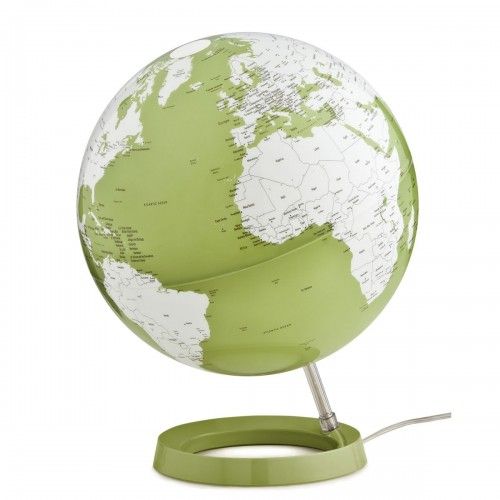 Illuminated terrestrial globe in white and green design on pistachio-colored base