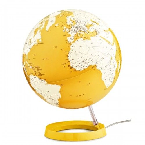 Globe terrestre lumineux design blanc et jaune sur socle couleur jaune