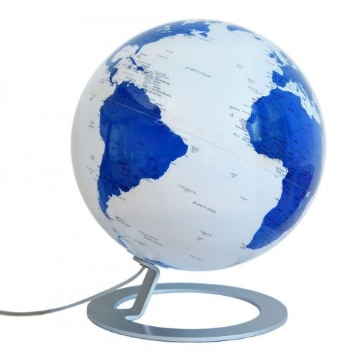 Globo terrestre illuminato dal design bianco e blu su base in alluminio