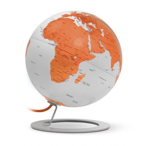 Globe terrestre lumineux design blanc et orange sur socle aluminium