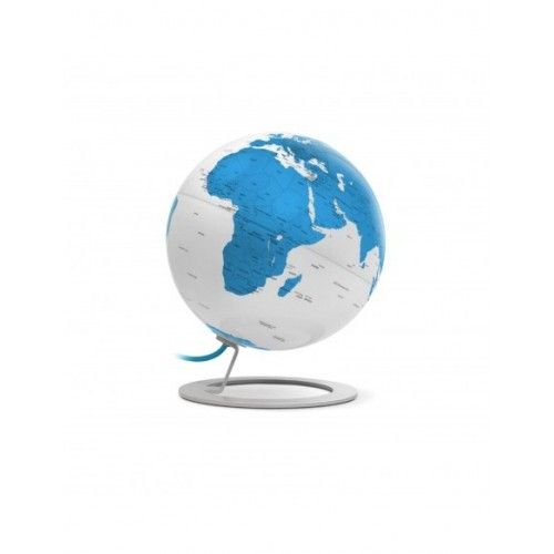 Globe terrestre lumineux design blanc et turquoise sur socle aluminium