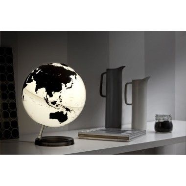Globe terrestre lumineux design blanc noir sur socle noir