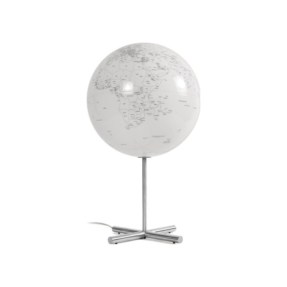 White luminous terrestrial globe to place on designer steel base