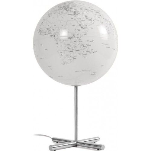 White luminous terrestrial globe to place on designer steel base