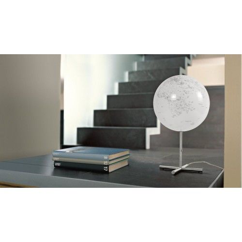 White luminous terrestrial globe to place on designer steel base