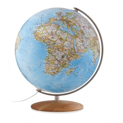 Illuminated terrestrial globe with oak base