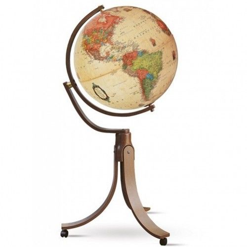 Globo Terrestre Pies de madera brillantes moldeados en ruedas Emily Antique
