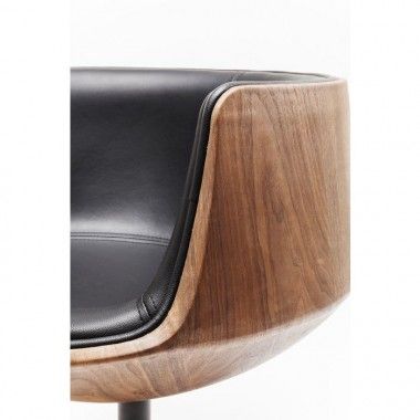 Swivel armchair design black leather and walnut Club wood