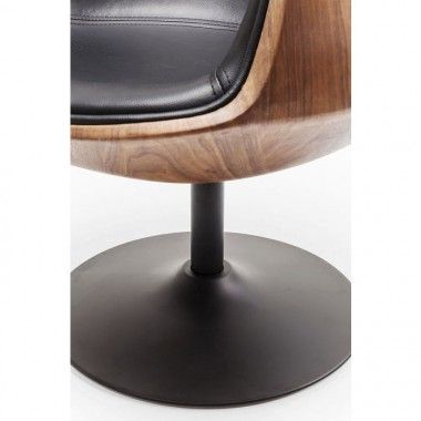 Swivel armchair design black leather and walnut Club wood