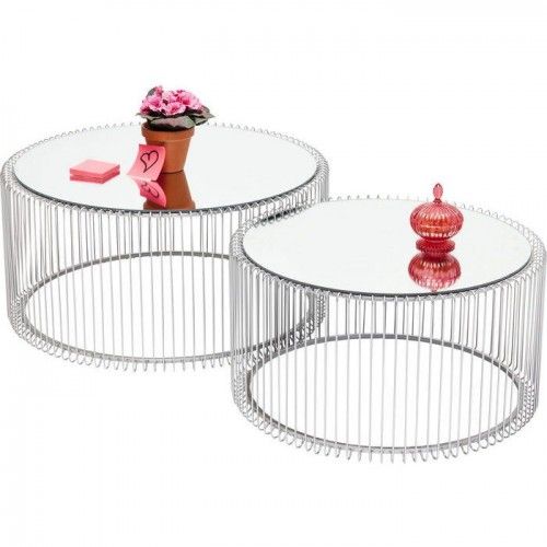 Set of 2 silver coffee tables and Wire mirror