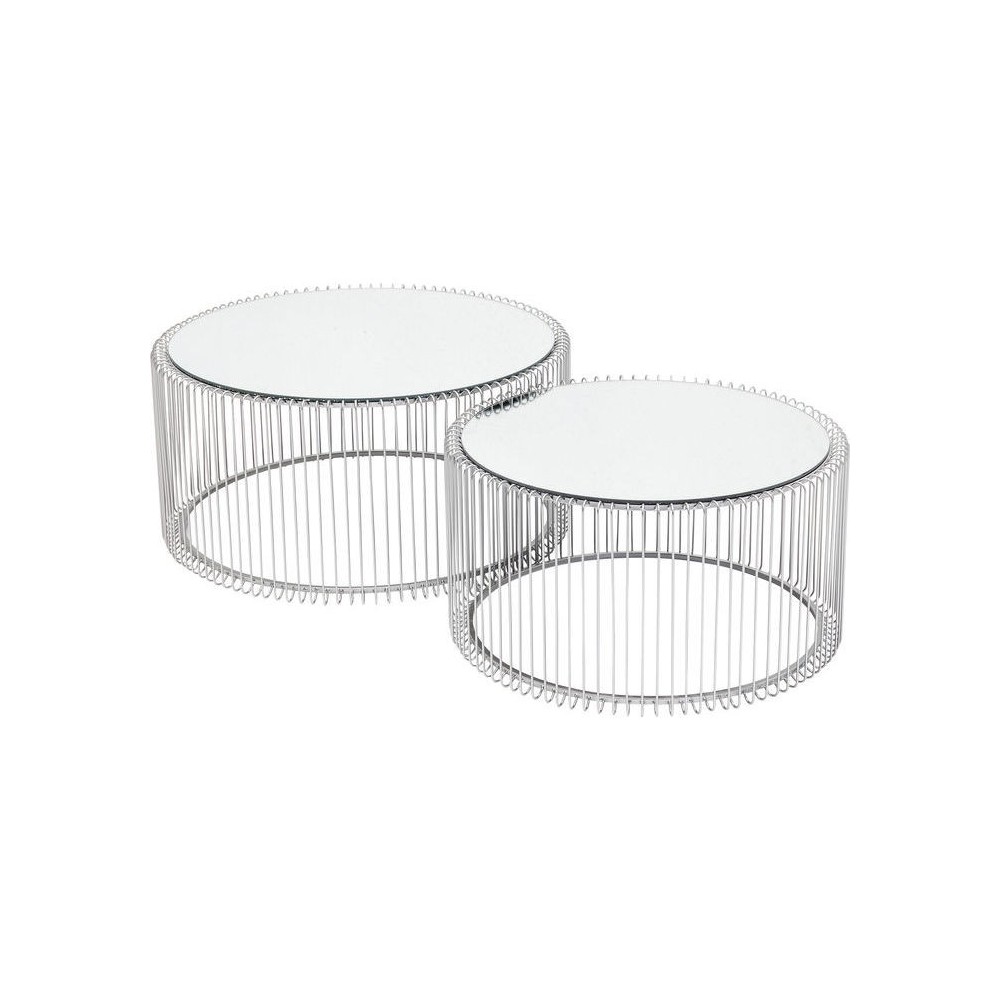 Set aus 2 silbernen Couchtischen und Drahtspiegel Set aus 2 silbernen Couchtischen und Drahtspiegel