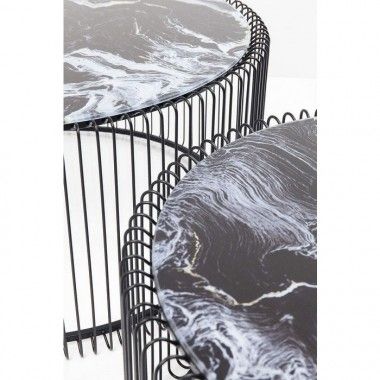 Set of 2 black marble-look coffee tables Wire