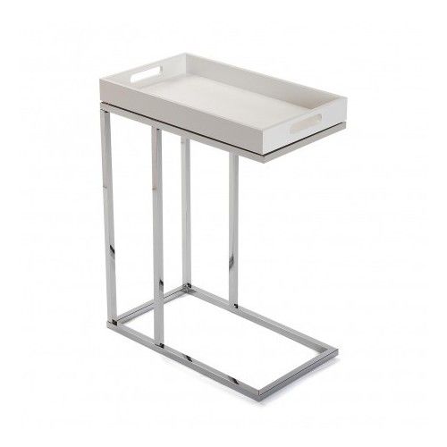 Tavolino in metallo argentato e piano in legno bianco