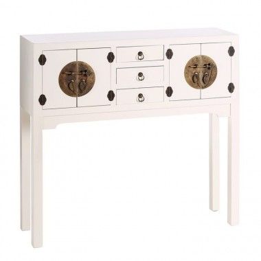 Console en bois blanc à motifs 3 tiroirs 4 portes métal ORIENTE