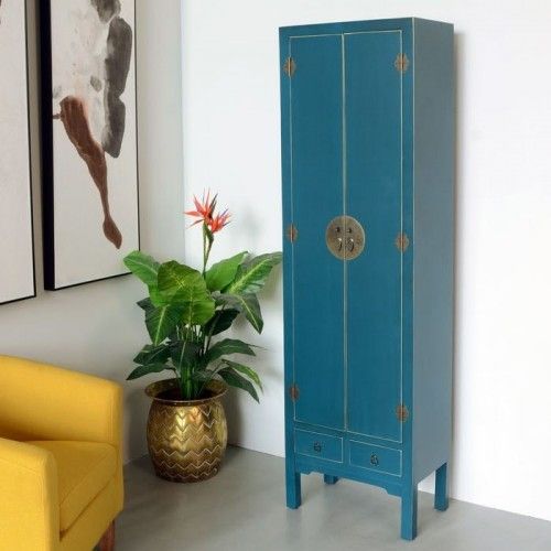 Armoire bois bleu à motifs 2 tiroirs 2 portes métal ORIENTE
