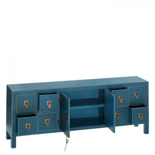 Meuble tv bois bleu à motifs 8 tiroirs 2 portes métal ORIENTE