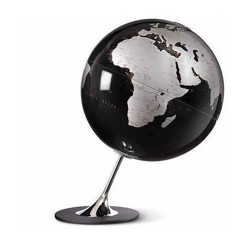Globe terrestre noir argent sur socle