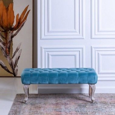 XSPHERE wood blue velvet fabric padded bench