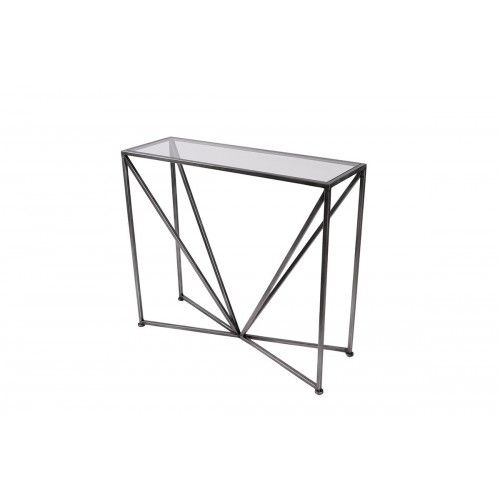 Geometrische console met grijs metaal en gehard glas