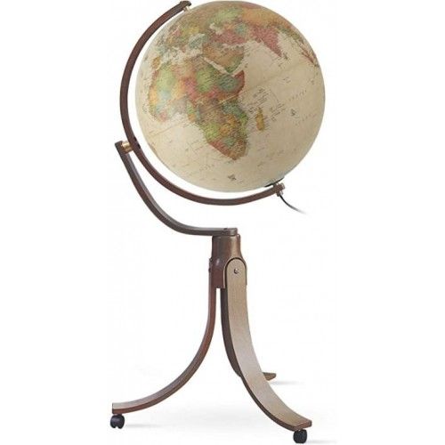 Globe terrestre lumineux pieds bois moulé sur roulettes Emily Antique
