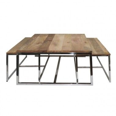 Set de 3 tables basse naturel argent 69.85x69.85x40cm