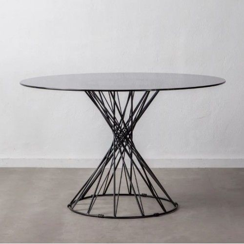 Table à manger design ronde verre trempé/métal noir CRYSTAL