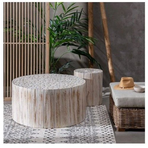 Round coffee table in white wooden log 90 cm SUZUKO