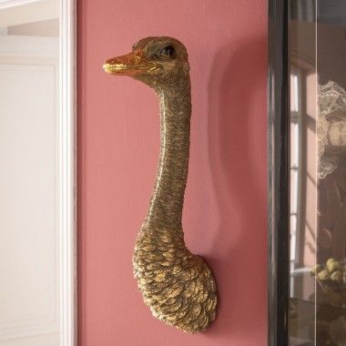 Decoración de pared, cabeza de avestruz dorada