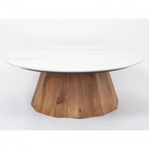 Pine and white marble coffee table Ø90cm YSABEL DRIMMER - 1