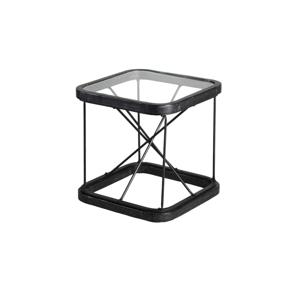 Mesa auxiliar de metal negro madera y cristal 50x50cm AUSTIN