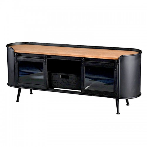 Furniture industrial TV black 2 doors 1 drawer metal wood AUSTIN