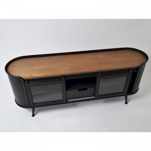 Furniture industrial TV black 2 doors 1 drawer metal wood AUSTIN