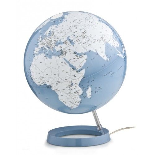 Projeto azul e branco do globo terrestre iluminado na base azul