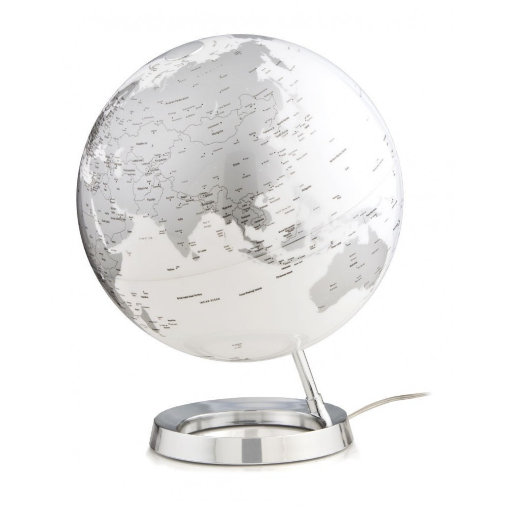 Globo terrestre illuminato nel design bianco grigio su base cromata