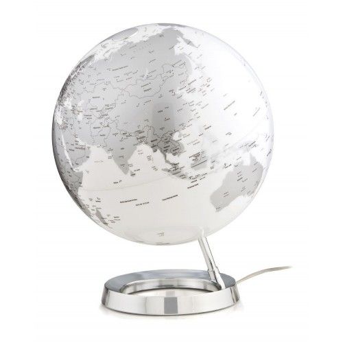 Illuminated terrestrial globe in white gray design on chrome base