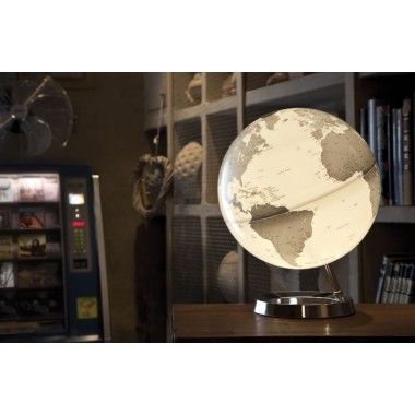 Globe terrestre lumineux design blanc gris sur socle chromé