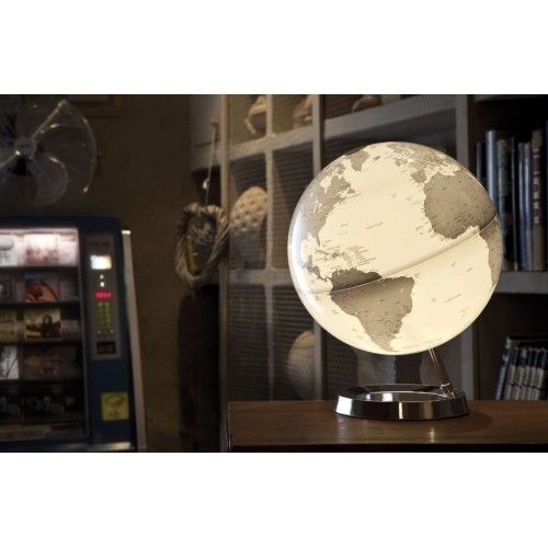 Illuminated terrestrial globe in white gray design on chrome base