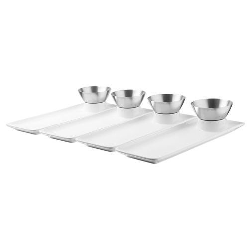 SET OF FOUR WHITE PORCELAIN SUSHI DISHES WITH UMBRA STAINLESS STEEL CUPS