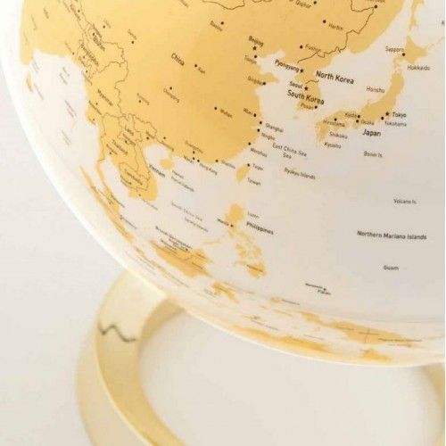 Globe terrestre lumineux design blanc or sur socle doré