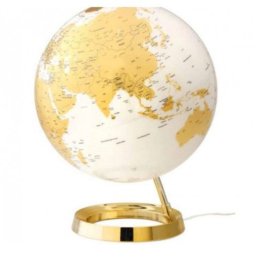 Design de globo terrestre iluminado em ouro branco em base dourada
