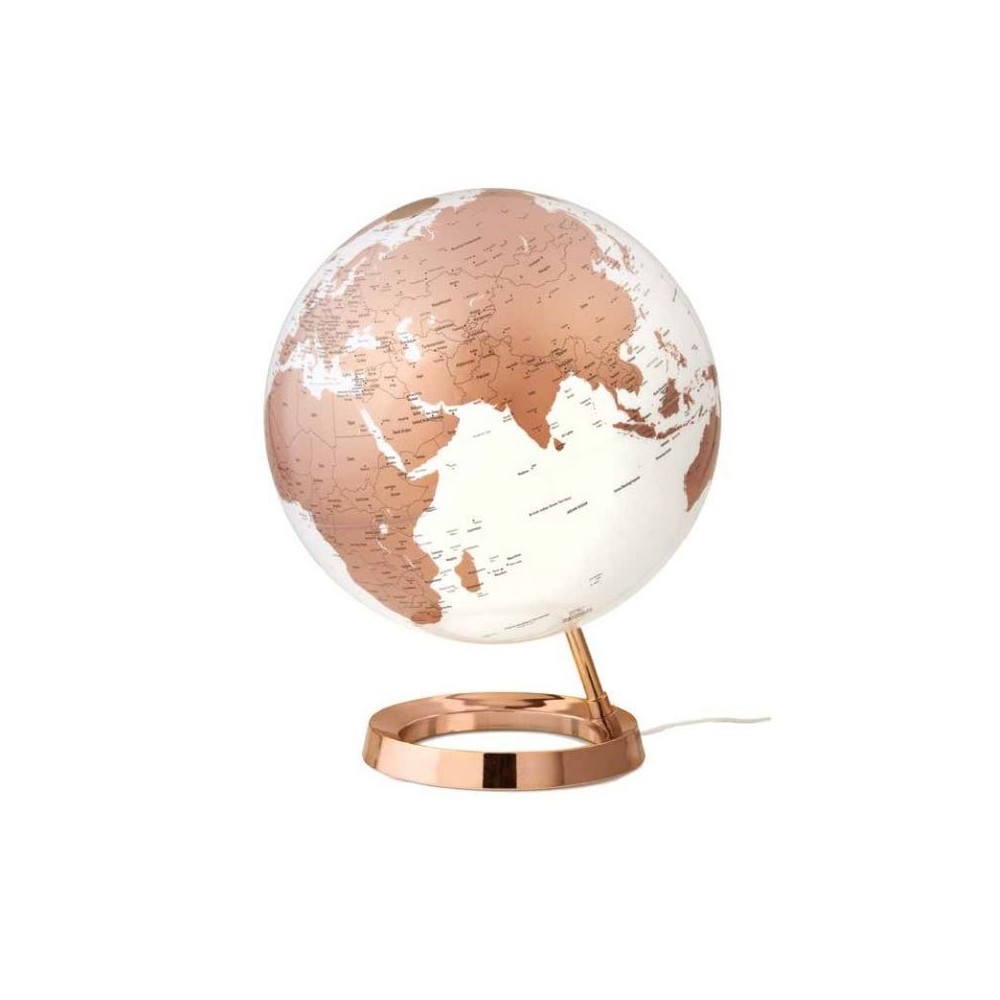 Illuminated terrestrial globe in copper white design on copper-colored base